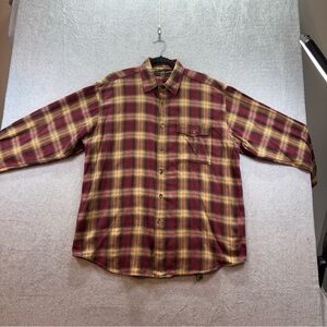 Orvis Men’s Size Large Plaid Flannel Button Up Burgundy And Brown